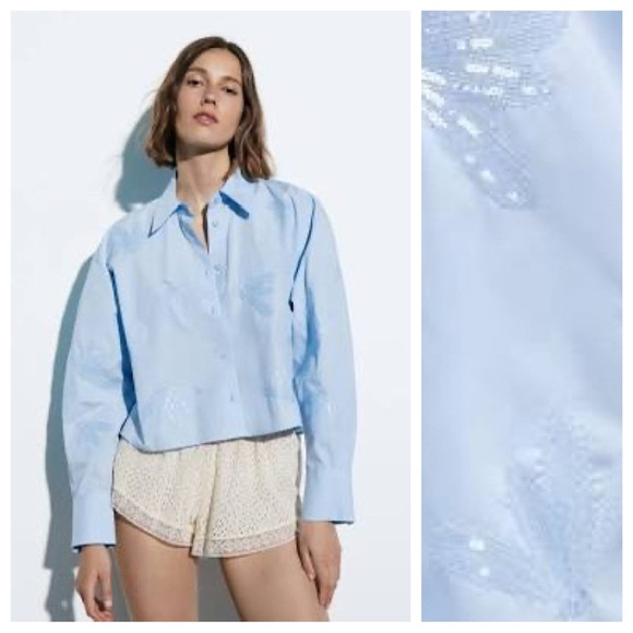 Zara Tops - NWT. Zara Light Blue Poplin Sequin Cropped Shirt. Size M.
